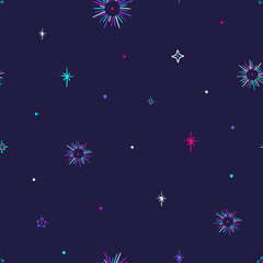Seamless pattern with colorful stars on blue background. Space background.