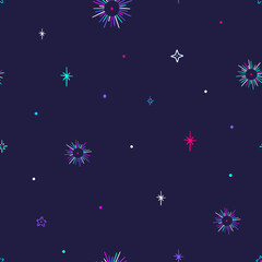Obraz na płótnie Canvas Seamless vector pattern with colorful stars on blue background. Space background.