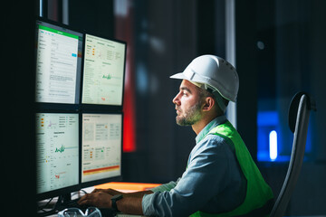 Worker engineer control process of production uses computer with modern SCADA system which showing AI and machine learning. Bearded operator follow of industry process on factory