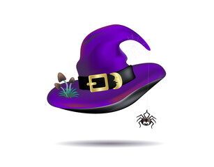 Halloween purple realistic witch hat with mushrooms, spider on spiderweb isolated on white background. Editable Vector illustration
