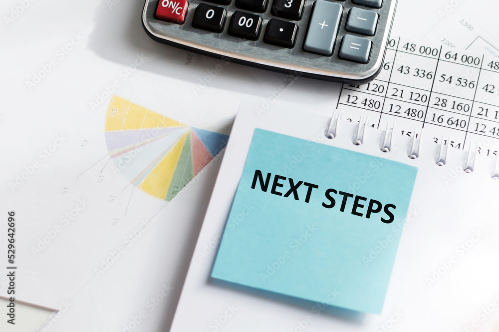 Poster next steps text on white card on chart background