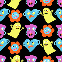 Seamless vector monster pattern withyellow ghosts and blue crying flower or heart faces on black background for wrapping or gift paper and kids textile apparel