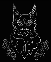 White line drawing of Maine Coon cat and flowers on dark background, minimalist hand drawn vector illustration in simple one line style