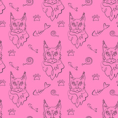 Colorful seamless pattern,  image of a Maine Coon cat and his toys with a white outline on a pink background. Bright vector illustration