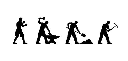 hard labor silhouette vector illustration. Different occupations illustrated. Sport, physical labor. Hard work. Blacksmith, miner, boxer, digger. Manly work