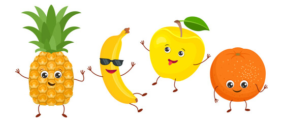 Cute fruit characters set. Collection of funny illustration of food. Cartoon happy pineapple, banana, apple and orange. Vector isolates in cartoon flat style on a white background.
