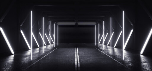 Sci-Fi-futuristisches Asphalt-Neon, leuchtende weiße Linien, Hangar, Industriefabrik, Straße, zwei Fahrspuren, dunkle Nacht, Ausstellungsraum, Studio, leeres Auto, realistische Cyber-3D-Darstellung