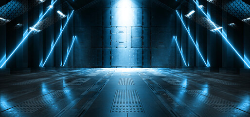 Sci-Fi-futuristisches Raumschiff-Lager Alien-Tunnel-Korridor-Hangar-Bunker-Shelter-Glänzende Metallplatten Cyber-Blau-Neon-glühende Lichter 3D-Rendering © IM_VISUALS
