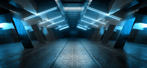 Sci Fi Futuristic Spaceship Warehouse Alien Tunnel Corridor Hangar Bunker Shelter Glossy Metal Panels Cyber Blue Neon Glowing Lights 3D Rendering © IM_VISUALS