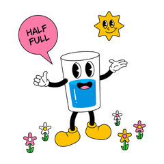 A glass half full of water. Groovy happy glass of water character. Retro 60-70s style vector illustration.