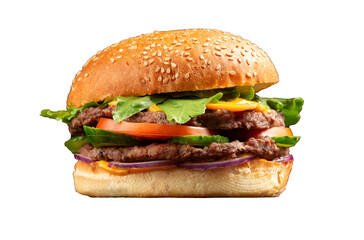 Perfect hamburger classic burger american cheeseburger with cheese. Transparent. - obrazy, fototapety, plakaty