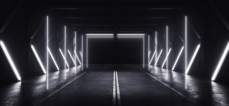 Sci Fi Futuristic Asphalt Neon Glowing White Lines Hangar Industrial Factory Road Two Lanes Dark Night Showroom Studio Empty Car Realistic Cyber 3D Rendering