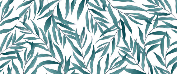 Leaves background. Bamboo leaves on a white background. Vector background of elegant hand drawn illustration in blue tones. Suitable for prints, wraps, fabrics, decorations, banner.