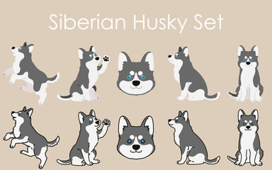 Simple and adorable Siberian Husky dog illustrations set © YouStore