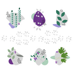 A set of abstract patterned compositions of green leaves and spots.