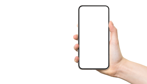 Mobile modern technology template - woman hand holding generic frameless smartphone with blank screen isolated on a transparent background.
