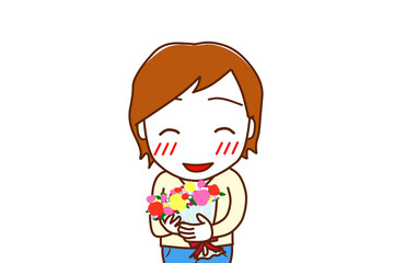 （上半身正面）花束を持ってニコニコ幸せそうな笑顔を見せる白人男性