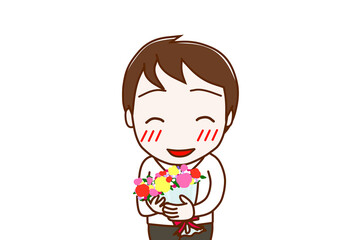 （上半身正面）花束を持ってニコニコ幸せそうな笑顔を見せる男性