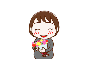 （上半身正面）花束を持ってニコニコ幸せそうな笑顔を見せる妊婦