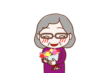 （上半身正面）花束を持ってニコニコ幸せそうな笑顔を見せる高齢の女性