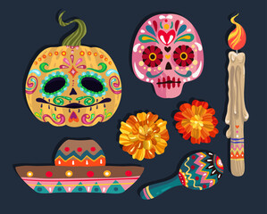 Vector illustration. Die de los muertos. The day of the Dead, Mexican holiday, festival, handmade, print on t-shirt, banner and card