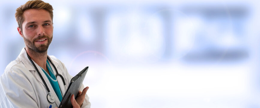 Smiling Doctor Standing With Folder, Isolated On Blurred Background Banner With Copy Space