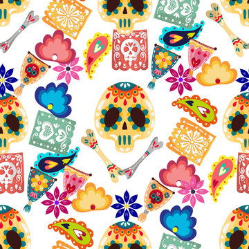 Vector illustration. Die de los muertos. The day of the Dead, Mexican holiday, festival, light  background, seamless pattern