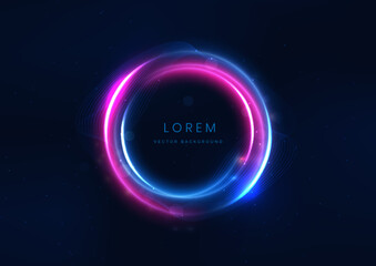Abstract technology futuristic neon circle glowing blue and pink  light lines with speed motion blur effect on dark blue background.