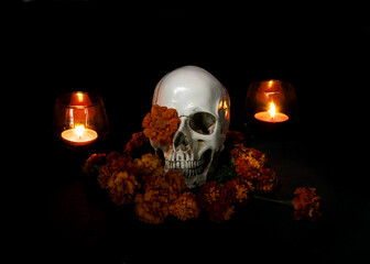 Skull, Burning candles and marigold flowers on black background. Concept of Dia de los muertos day or day of the dead. Dark halloween banner.