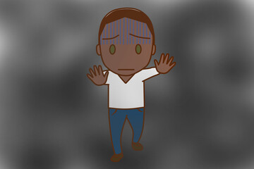 （全身正面）五里霧中のなか不安なアフリカ系男性