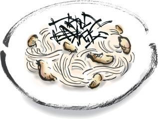 キノコの和風パスタの手描きイラスト