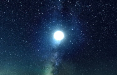 Obraz na płótnie Canvas bright moon on dark starry sky light flare galaxy banner
