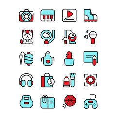 Hobby and entertainment icon set vector. Leisure weekend activity filled outline sign, flat line symbol collection. Photo, music, hiking, diving, fishing, cooking, and gaming. Pixel perfect 48x48.