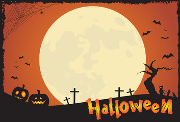 Halloween night background with full moon, pumpkins and bats, black cat, spiderweb, death tree, zombie hands illustration