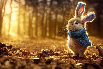 cute fluffy bunny picking mushrooms in the autumn forest