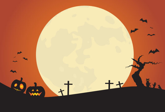 Halloween night background with full moon, pumpkins and bats, black cat, spiderweb, death tree, zombie hands illustration