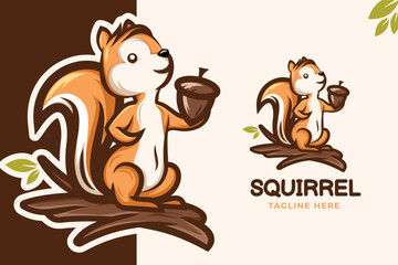 Cute squirrel holding acorn nut to eat vector mascot logo illustration.  © veclore