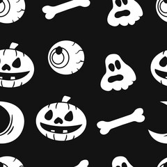 Halloween seamless pattern with eyes, ghosts, bones, and more. Halloween seamless black background. Ready for printing. easy to edit
