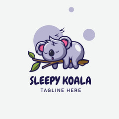 Cute koala sleeping on the tree branch cartoon premium vector logo illustration design. lazy animal icon for web landing page, banner and poster