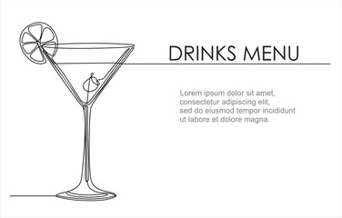 Drinks menu. Continuous line one drawing of  Martini glass with olive. Illustration with quote template. Can used for logo, emblem, slide show and banner.