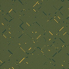 Metallized texture of rectangular lines in the shape of a maze, with cloth texture, weaving threads of fabric, 3D rendering, seamless loop, green and yellow