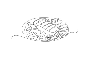 Single one line drawing meat on plate. Thanks giving concept. Continuous line draw design graphic vector illustration.