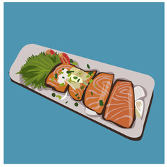Original name(s): Illustration vector grilled salmon with soy sauce on a plate blue background.