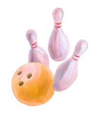 watercolor sketch of yellow bowling ball and skittles isolated on white background