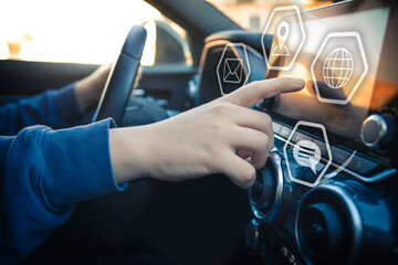 Drive using smartphone. Automotive technology concept. Infotainment, navigation communication device