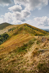 Mountain trail in Carpathian Mountains, Ukraine. Walking and hiking trails in Borzhava ridge. Rural area of carpathian mountains in autumn