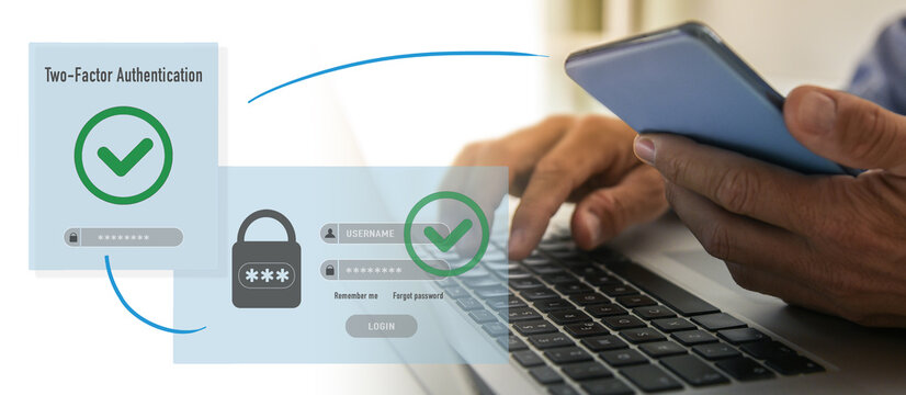 Two factor authentication. Ensure protection, identification concept. Security of online accounts.
