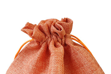Front view of orange red fabric drawstring gift bag - Powered by Adobe