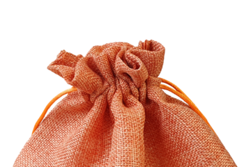 Front view of orange red fabric drawstring gift bag