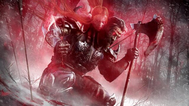 berserker on knees pulls an arrow out of his leg, his rage is fueled by a ghost woman, she is a red phantom blurring blood on his face, a man grins clutching his axe.  clean looped 2d animation